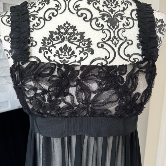 Marchesa Notte 100% Silk Two Layer Dress Floral Mesh Top Rufgle Strap Black 6 - Picture 5 of 11